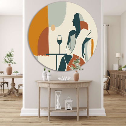 Zittende silhouet met wijnglas in minimalisme aluminium muurcirkel