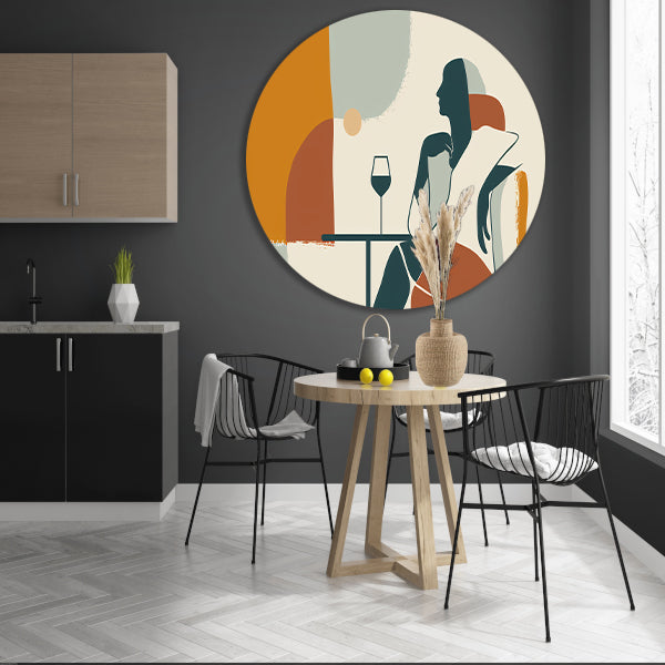 Zittende silhouet met wijnglas in minimalisme aluminium muurcirkel