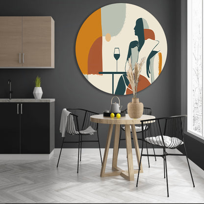 Zittende silhouet met wijnglas in minimalisme aluminium muurcirkel