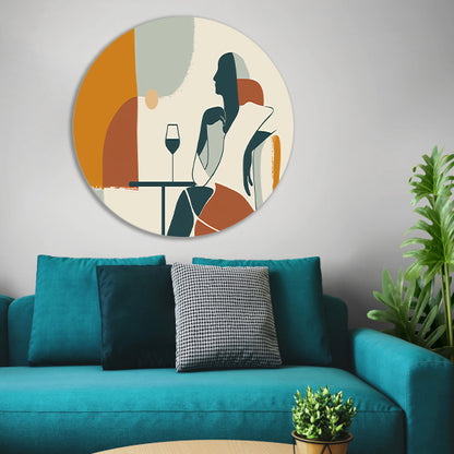 Zittende silhouet met wijnglas in minimalisme aluminium muurcirkel