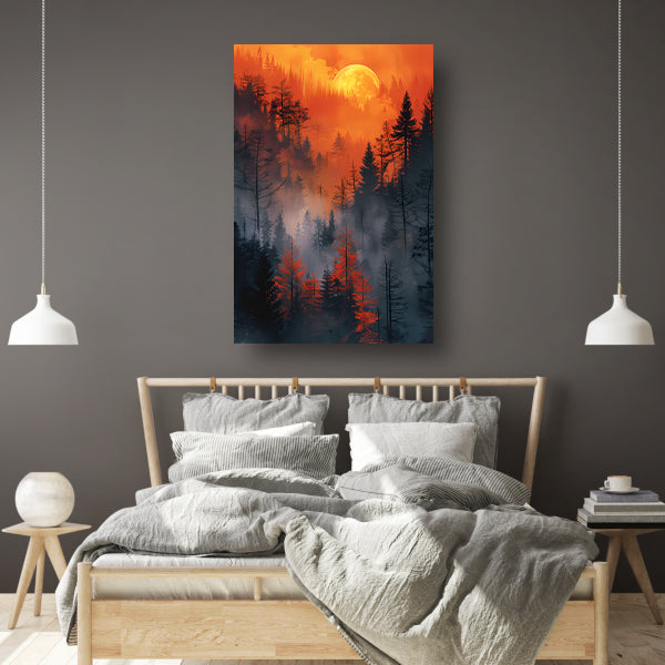 Betoverend Bos Onder Bloedrode Maan canvas met baklijst