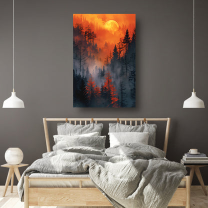 Betoverend Bos Onder Bloedrode Maan canvas met baklijst