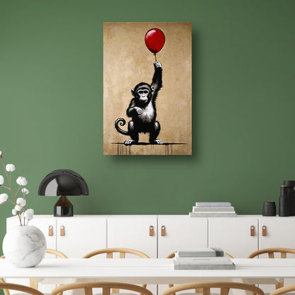 Chimpansee met rode ballon op beige achtergrond canvas