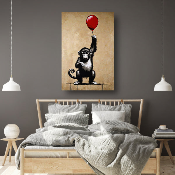 Chimpansee met rode ballon op beige achtergrond canvas