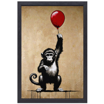 Chimpansee met rode ballon op beige achtergrond canvas met baklijst
