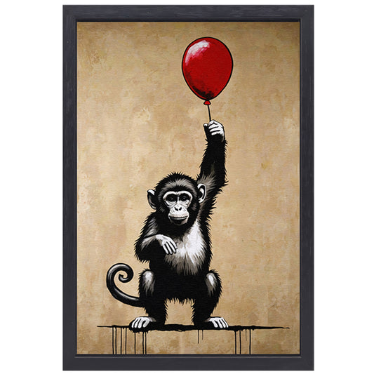 Chimpansee met rode ballon op beige achtergrond canvas met baklijst