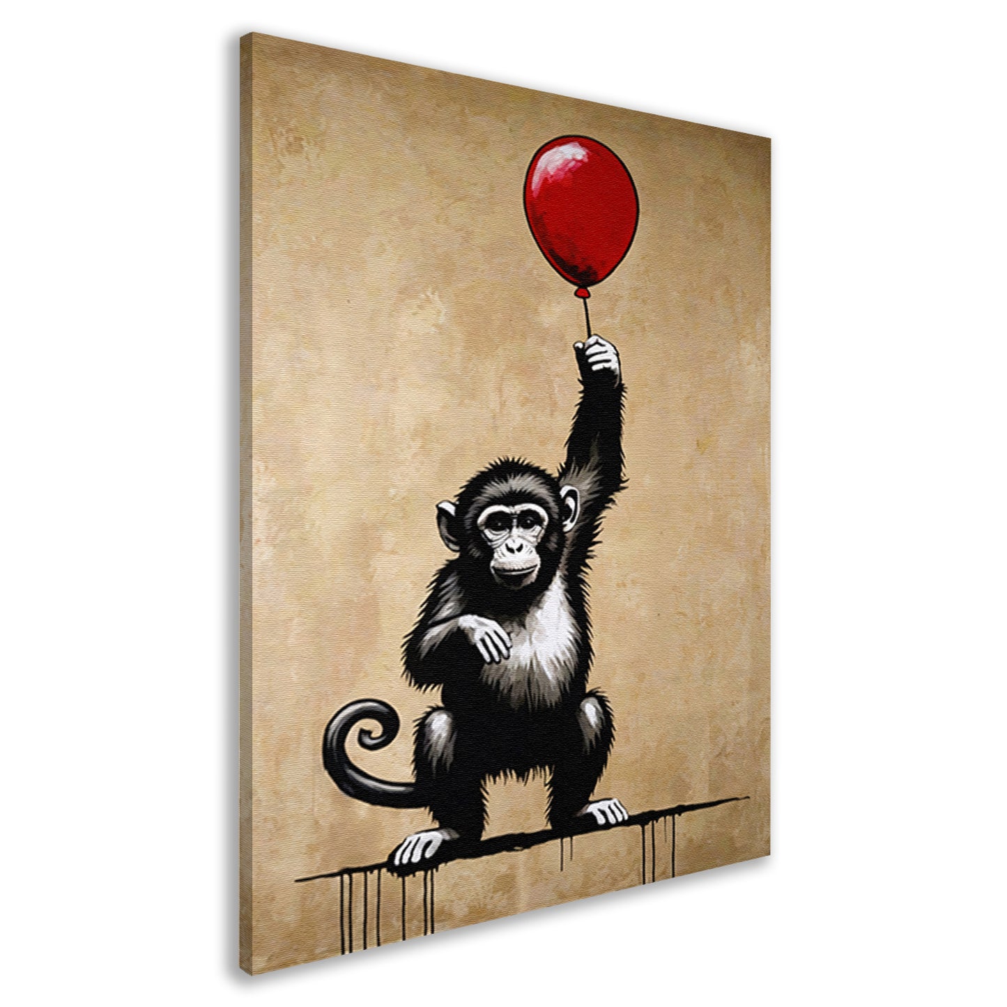 Chimpansee met rode ballon op beige achtergrond canvas