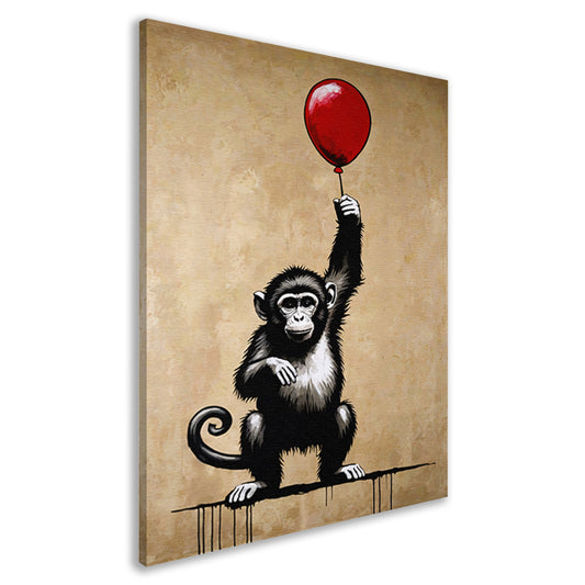 Chimpansee met rode ballon op beige achtergrond canvas