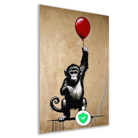 Chimpansee met rode ballon op beige achtergrond poster