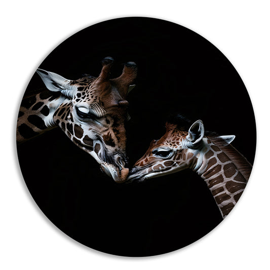 Zwart-wit kunstwerk van nuzzelende giraffen aluminium muurcirkel