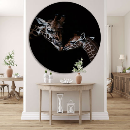 Zwart-wit kunstwerk van nuzzelende giraffen aluminium muurcirkel