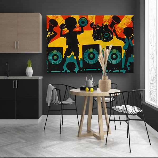 Muziek en silhouetten in stadslandschap acrylglas