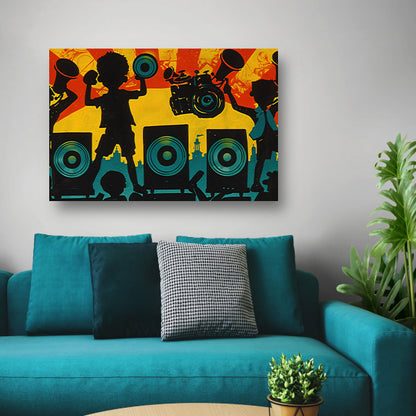 Muziek en silhouetten in stadslandschap acrylglas