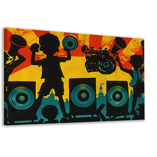 Muziek en silhouetten in stadslandschap canvas