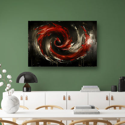 Dynamische abstracte werveling in rood en zwart canvas