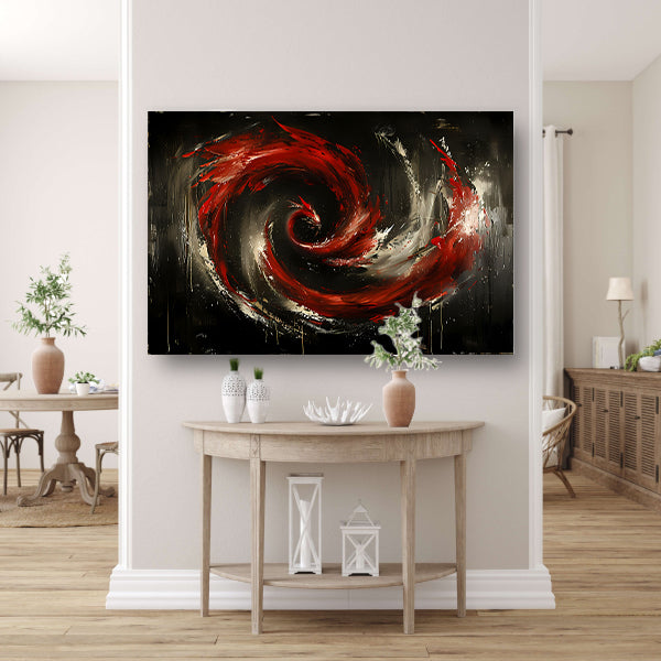 Dynamische abstracte werveling in rood en zwart canvas