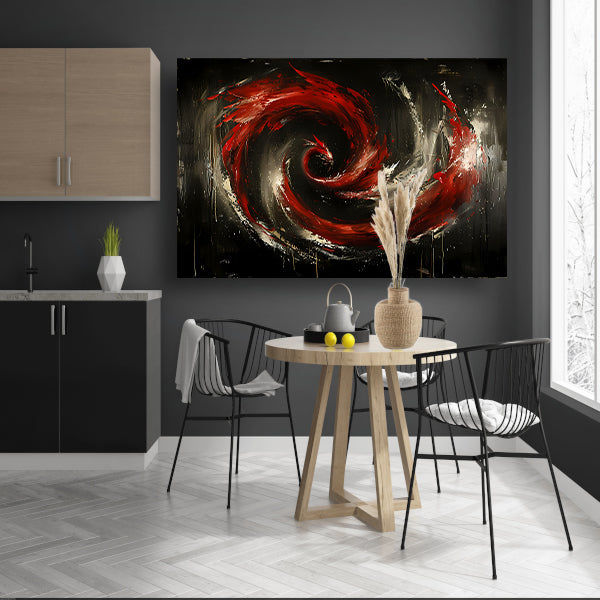 Dynamische abstracte werveling in rood en zwart canvas