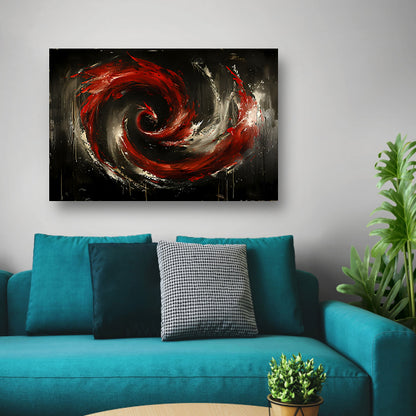 Dynamische abstracte werveling in rood en zwart canvas