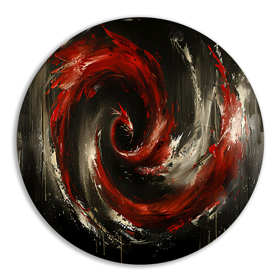 Dynamische abstracte werveling in rood en zwart aluminium muurcirkel