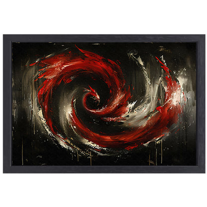 Dynamische abstracte werveling in rood en zwart canvas met baklijst