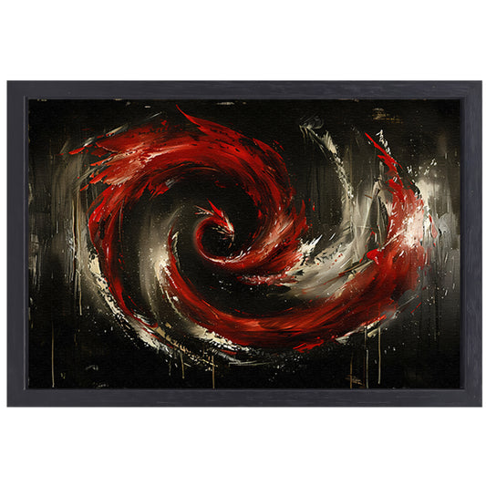 Dynamische abstracte werveling in rood en zwart canvas met baklijst