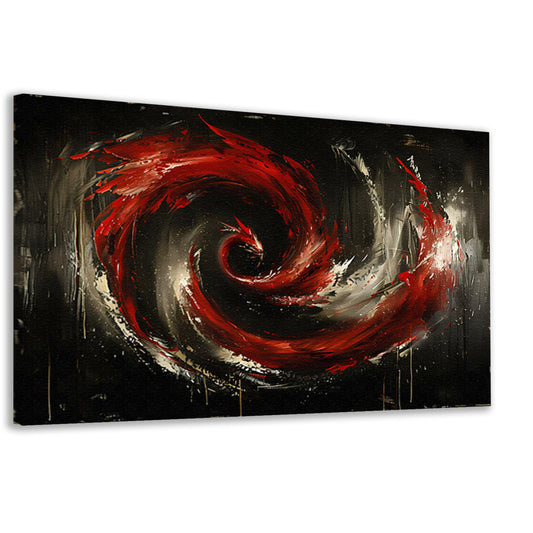 Dynamische abstracte werveling in rood en zwart canvas
