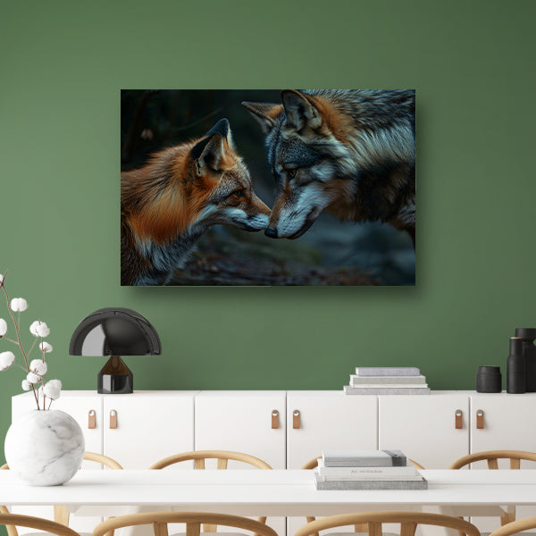 Vos en wolf neus aan neus schilderij poster