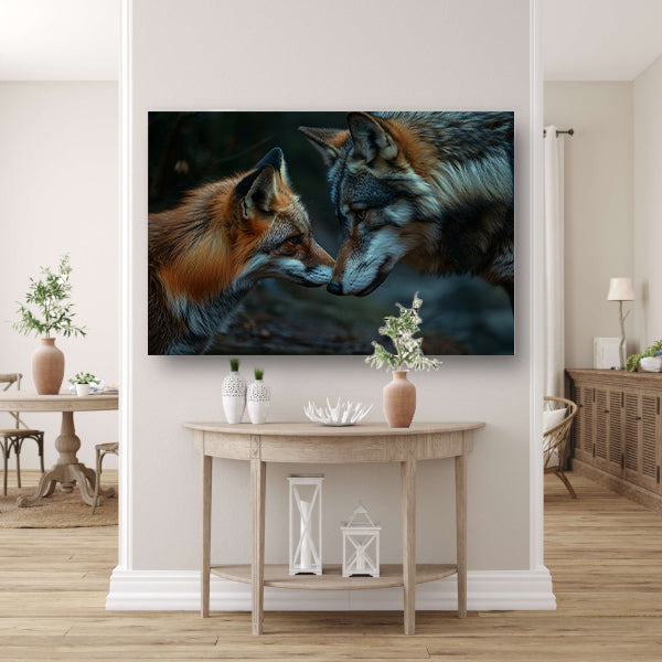 Vos en wolf neus aan neus schilderij poster