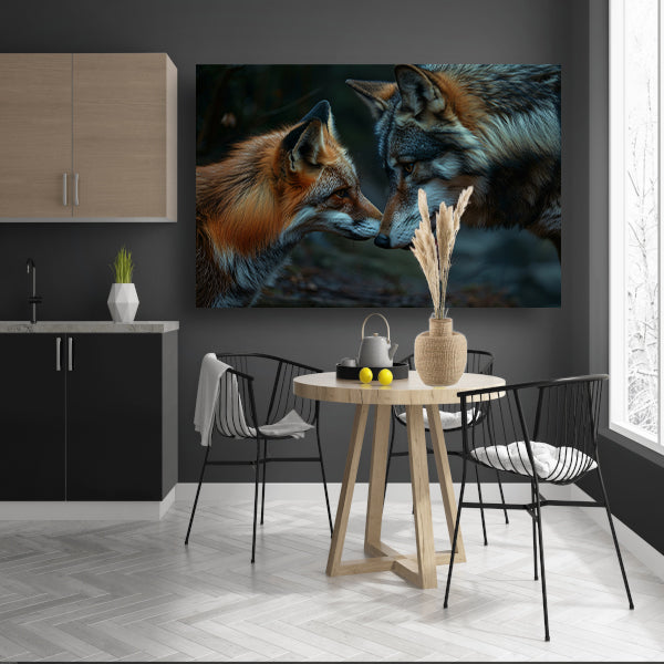 Vos en wolf neus aan neus schilderij poster
