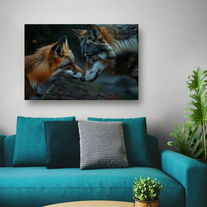 Vos en wolf neus aan neus schilderij poster