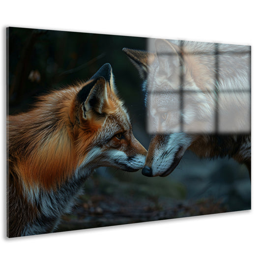 Vos en wolf neus aan neus schilderij acrylglas