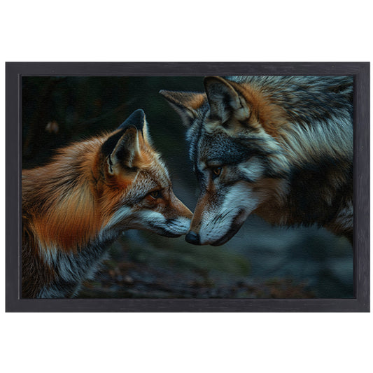 Vos en wolf neus aan neus schilderij canvas met baklijst