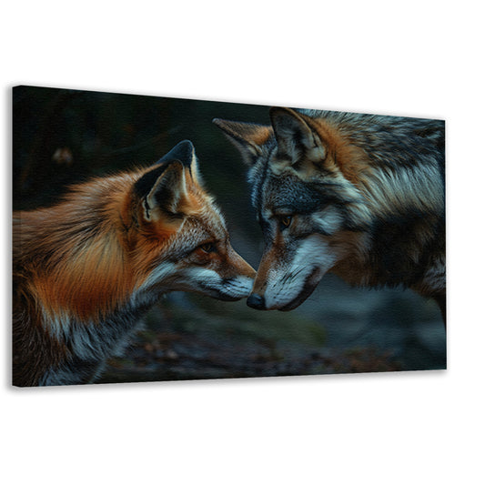 Vos en wolf neus aan neus schilderij canvas