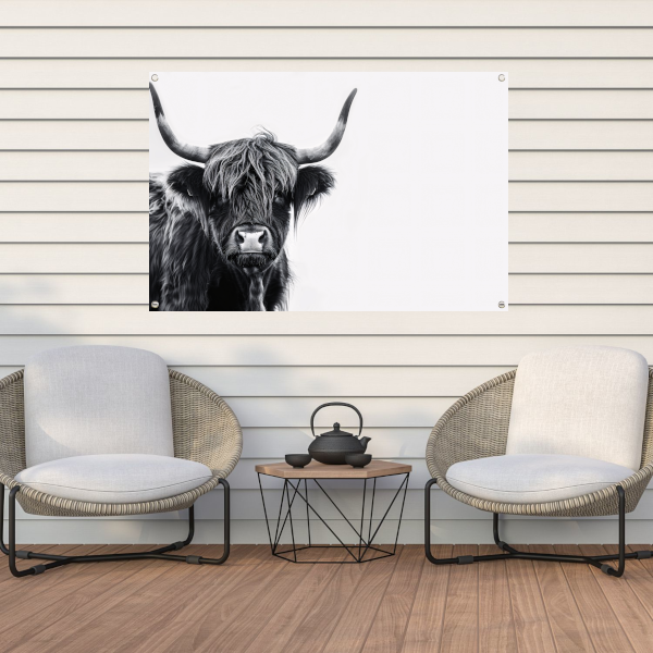 Portret van een Schotse hooglander in zwart-wit tuinposter
