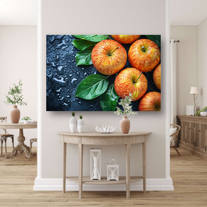 Glanzende appels met waterdruppels canvas met baklijst