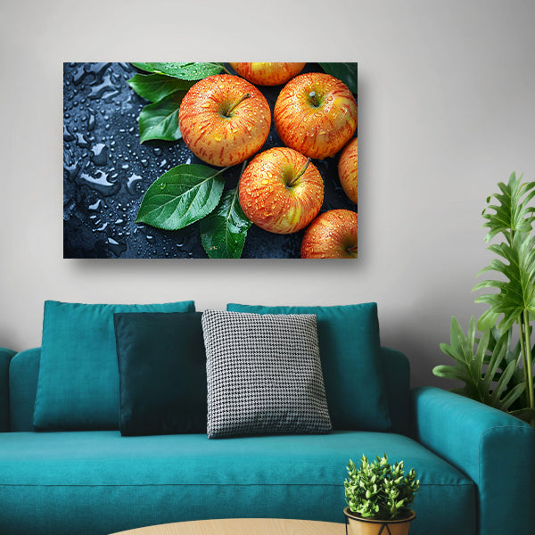 Glanzende appels met waterdruppels canvas met baklijst