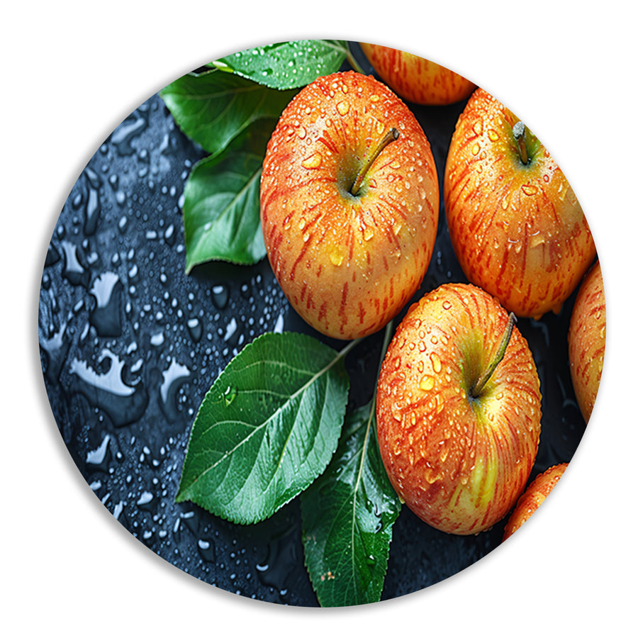 Glanzende appels met waterdruppels aluminium muurcirkel
