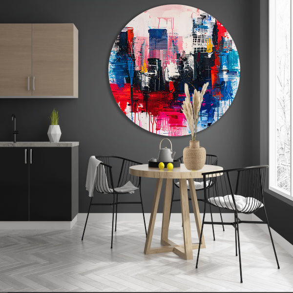 Abstract stadsgezicht met levendige kleuren aluminium muurcirkel