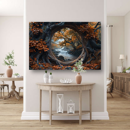 Oude boom bij rivier canvas
