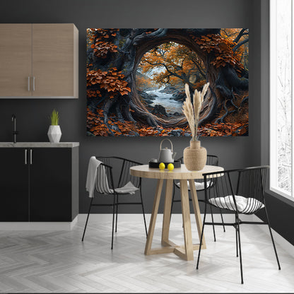 Oude boom bij rivier canvas
