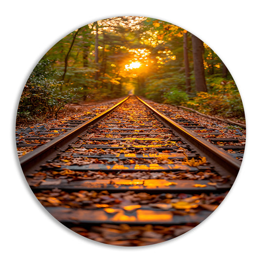 Treinspoor in herfstbos aluminium muurcirkel