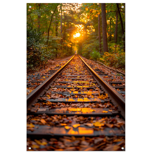 Treinspoor in herfstbos tuinposter