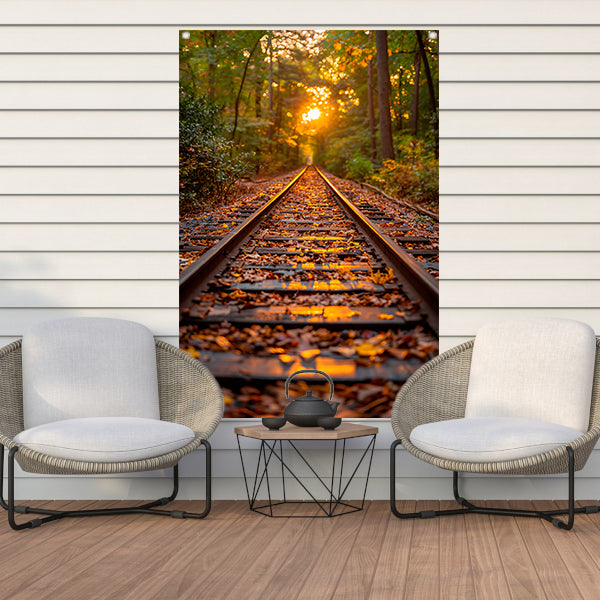 Treinspoor in herfstbos tuinposter