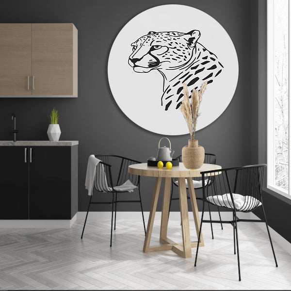 Zwart-witte minimalistische cheetah lijntekening forex muurcirkel