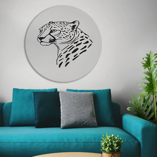 Zwart-witte minimalistische cheetah lijntekening aluminium muurcirkel