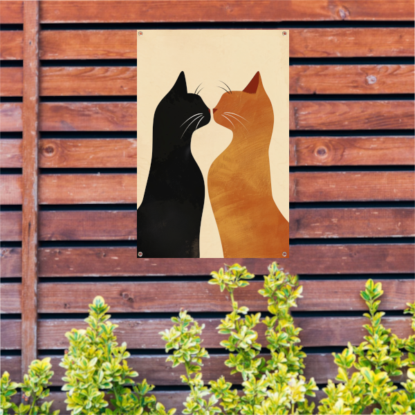 Twee katten in liefdevolle pose met aardetinten tuinposter