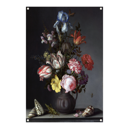 Bloemen in een vaas met schelpen en insecten - Balthasar van der Ast tuinposter