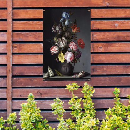 Bloemen in een vaas met schelpen en insecten - Balthasar van der Ast tuinposter