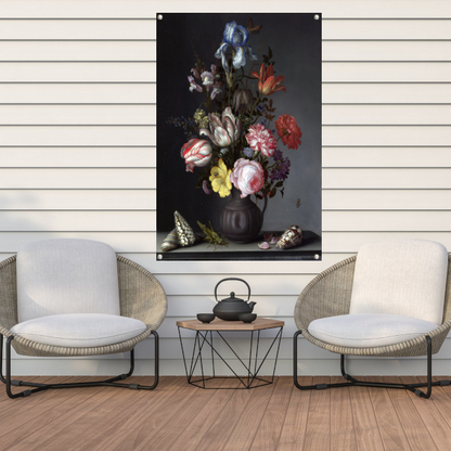Bloemen in een vaas met schelpen en insecten - Balthasar van der Ast tuinposter