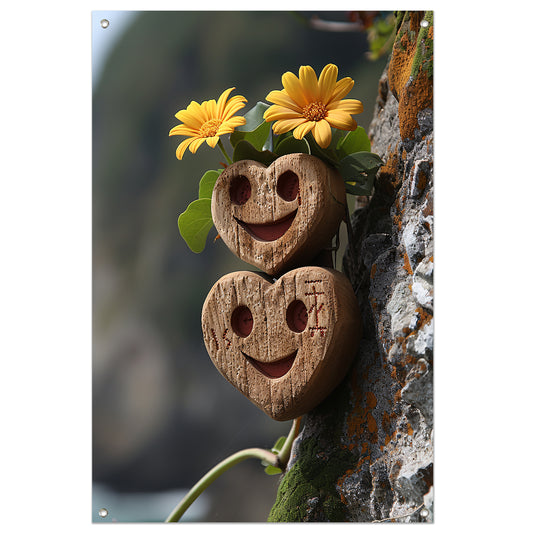 Twee houten harten met gele bloemen tuinposter